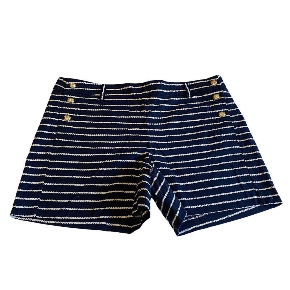 Cynthia Rowley Nautical Sailor Striped Shorts Gold Anchor Button Coastal Sz 8